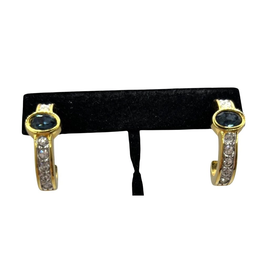VTG Swarovski SAL© Gold-Plated Half Hoop Pierced Earrings Blue White Crystals